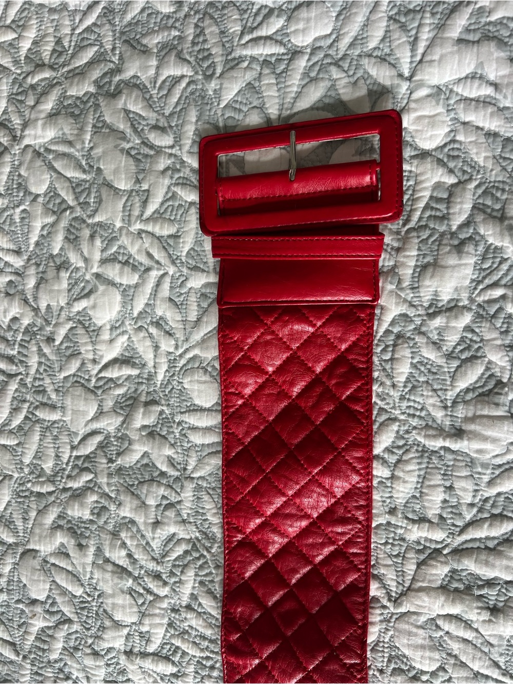 Barneys New York Quilted Red Leather Wide Belt with Red Buckle
